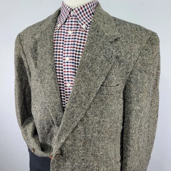 Haggar Mens Sport Coat Blazer Two Button Beige Black Herringbone City Casual 46R